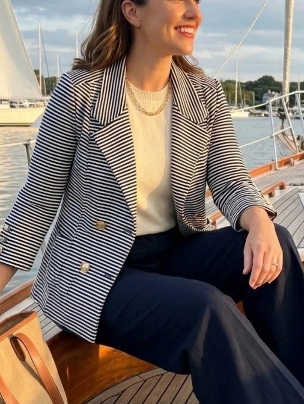 CAbi Women Black and White Striped Double-Breasted 3/4 Sleeves Jacket Size M